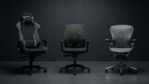 Side by side comparison of a gaming chair, office chair, and ergonomic chair for remote work and long hours at a desk.