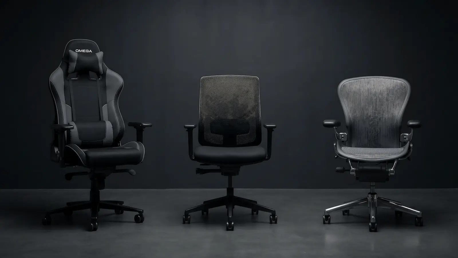 Side by side comparison of a gaming chair, office chair, and ergonomic chair for remote work and long hours at a desk.