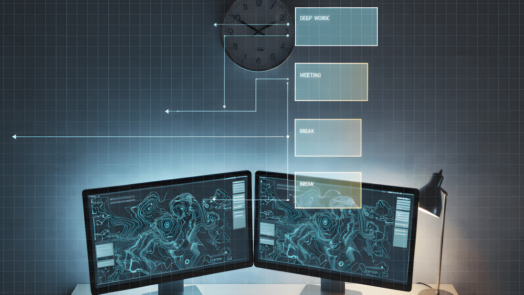 Remote workspace designed around a flexible work schedule with time blocks and structured productivity system.