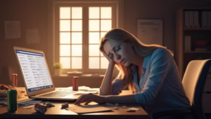 A remote worker sitting at a cluttered desk