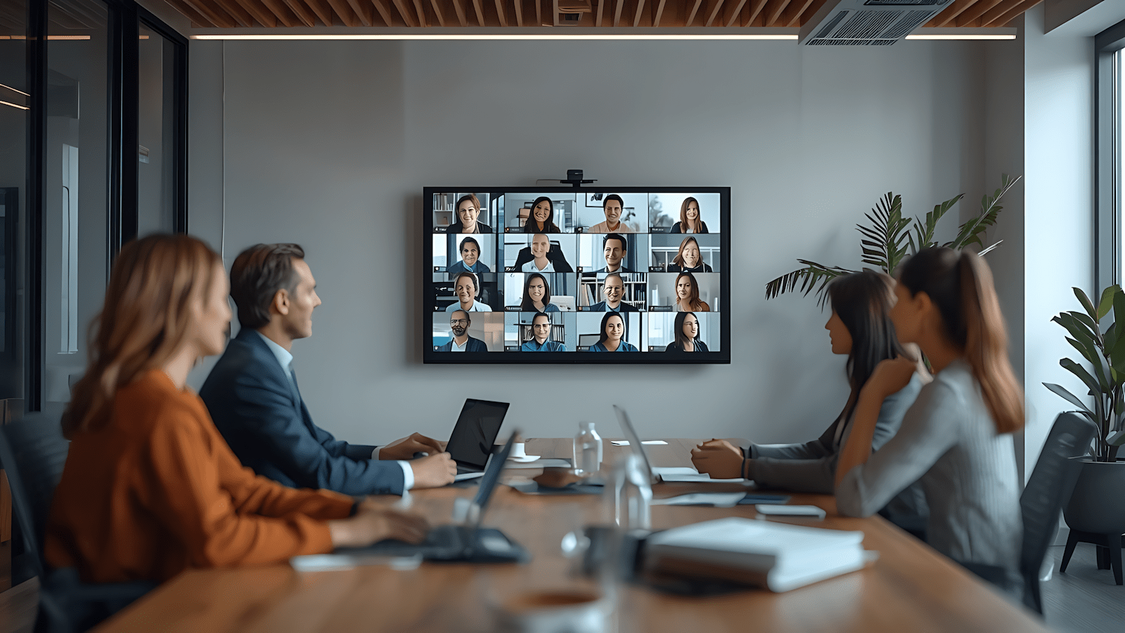 Hybrid office setup showing return to office transition with remote workers on video call screen