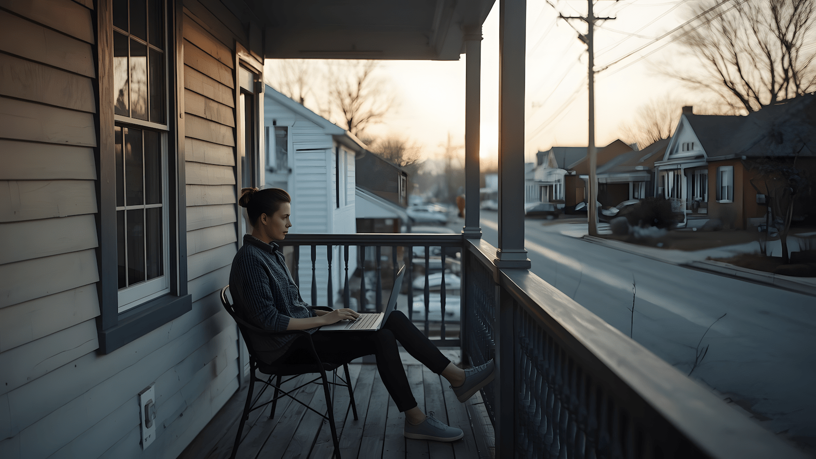 Remote worker sitting outside a small town home working on a laptop after relocating from the city
