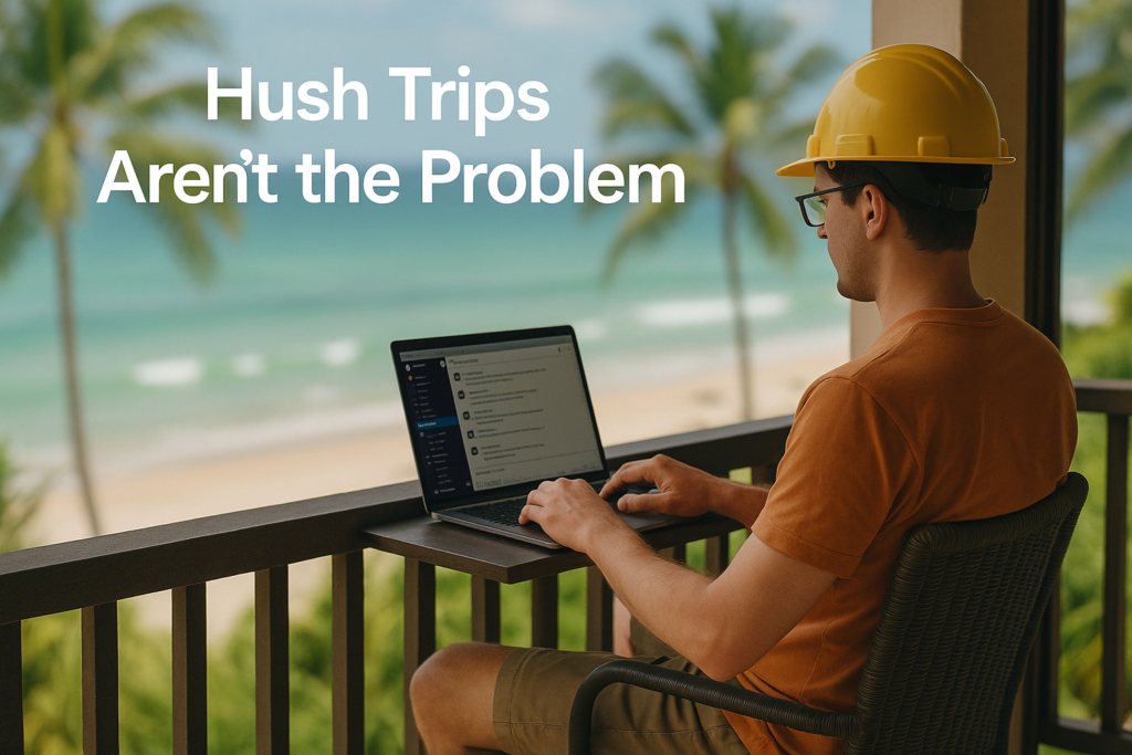 Remote worker using laptop in tropical location, representing the tension between flexibility and control in remote work culture.