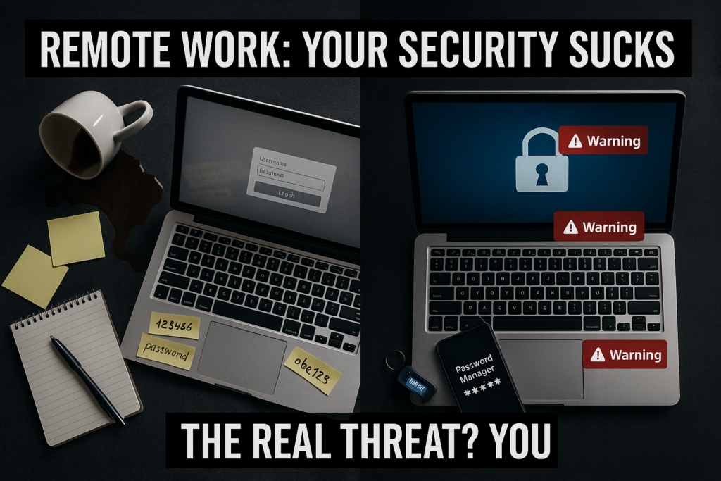 Split-screen image showing insecure vs secure home office setups, highlighting bad habits like exposed passwords and missing 2FA in remote work environments.