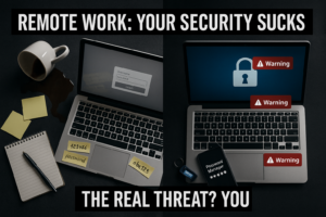Split-screen image showing insecure vs secure home office setups, highlighting bad habits like exposed passwords and missing 2FA in remote work environments.
