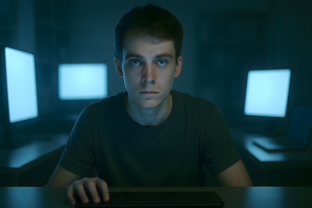 Person experiencing screen fatigue while working remotely at night under blue light