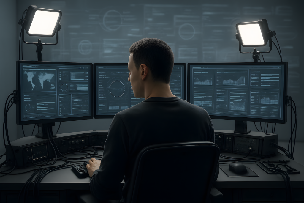 A high-efficiency remote desk setup designed like a signal chain—cables, lighting, and tools arranged for cognitive focus.
