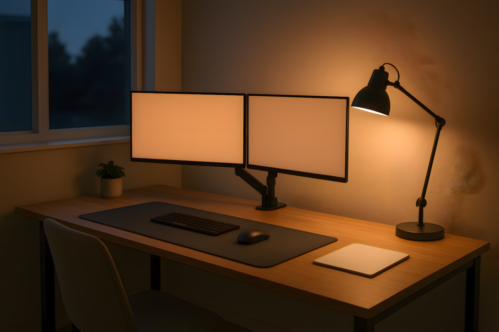 Minimalist home office with monitor arm, desk mat, task lighting, and clear surface setup