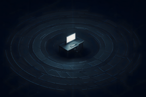Futuristic command interface representing skill tiers and readiness for remote work, shown in concentric tactical HUD rings around a central workstation