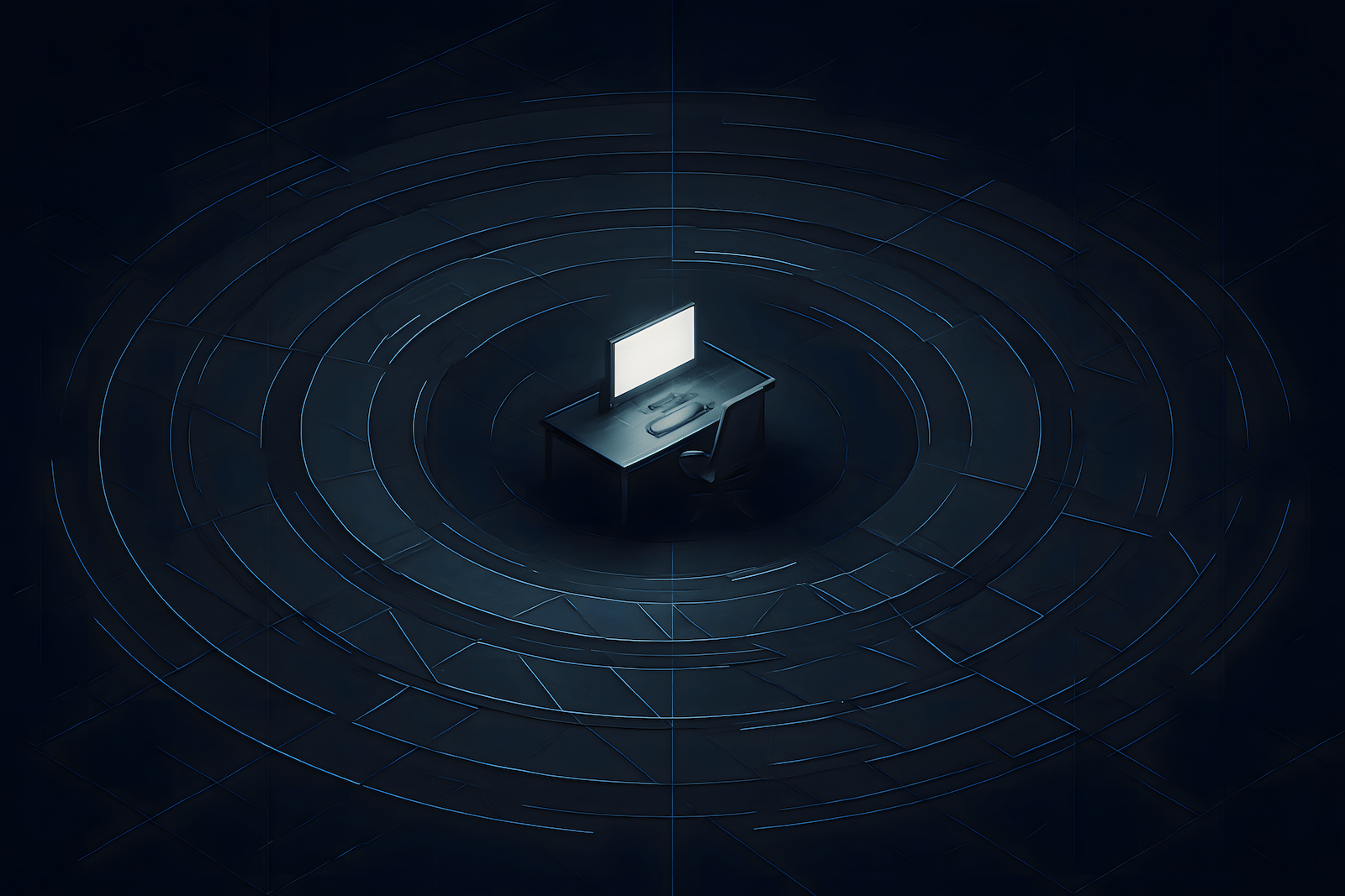 Futuristic command interface representing skill tiers and readiness for remote work, shown in concentric tactical HUD rings around a central workstation