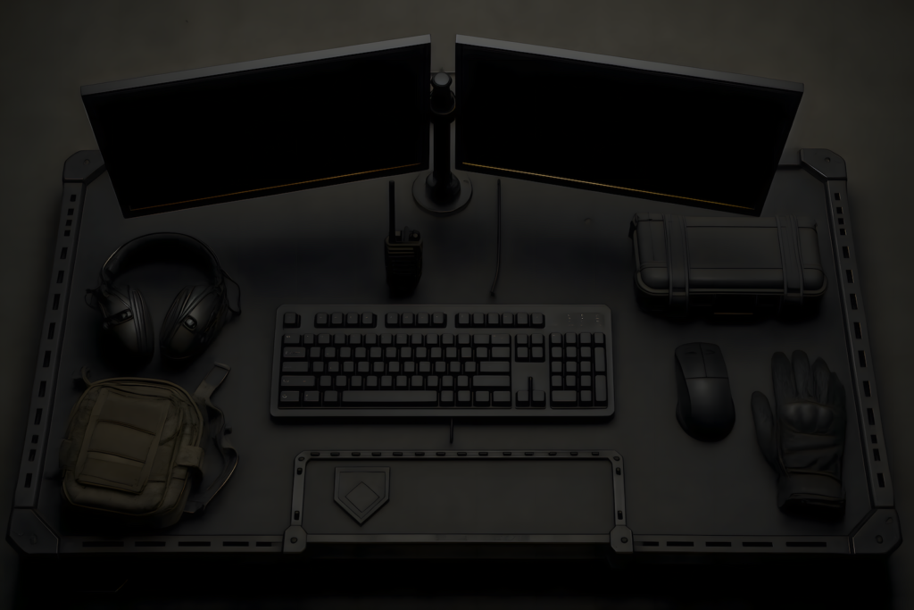 Tactical remote work setup with dual monitors and no distractions