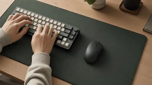 Desk pad under a keyboard and mouse, an example setup from a guide to the best desk pad for keyboard and mouse.