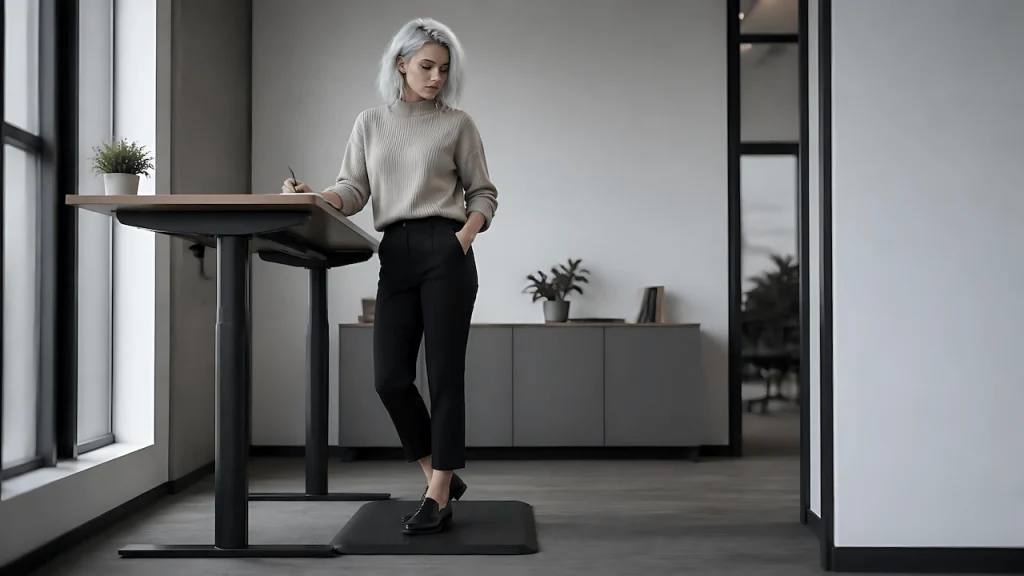 Standing at a desk on a standing mat for standing desk, an example setup from a buying guide comparing anti-fatigue mat options.