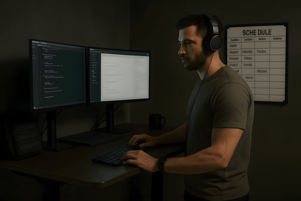 Remote worker standing at desk with headphones, whiteboard schedule, and dual monitors—optimized for focus, structure, and daily delivery discipline.