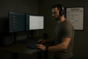 Remote worker standing at desk with headphones, whiteboard schedule, and dual monitors—optimized for focus, structure, and daily delivery discipline.
