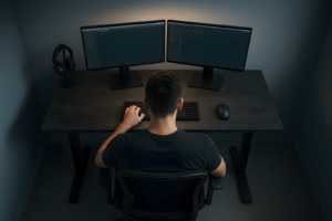 Tactical remote work setup with ergonomic chair, desk, and dual monitors optimized for discipline and focus.