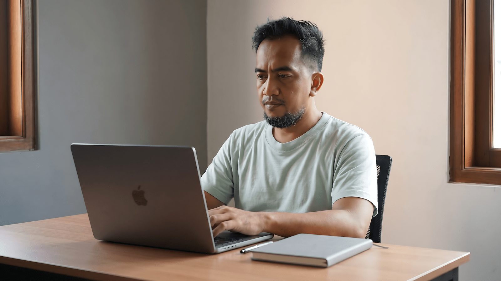 Remote worker at a minimal home office desk managing working from home problems with structure and routine