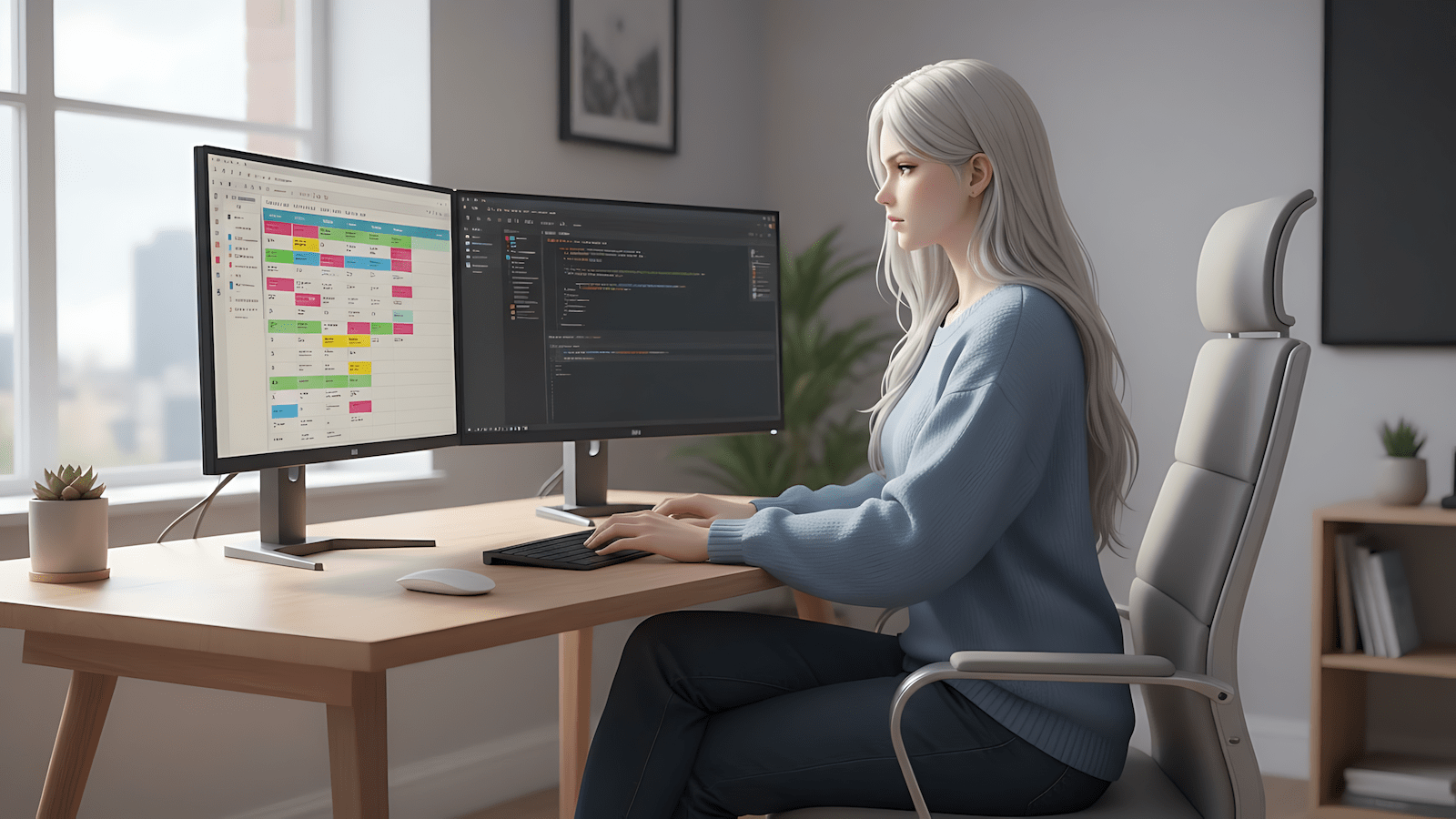 Remote worker with a structured productivity setup demonstrating remote work discipline at a home office desk