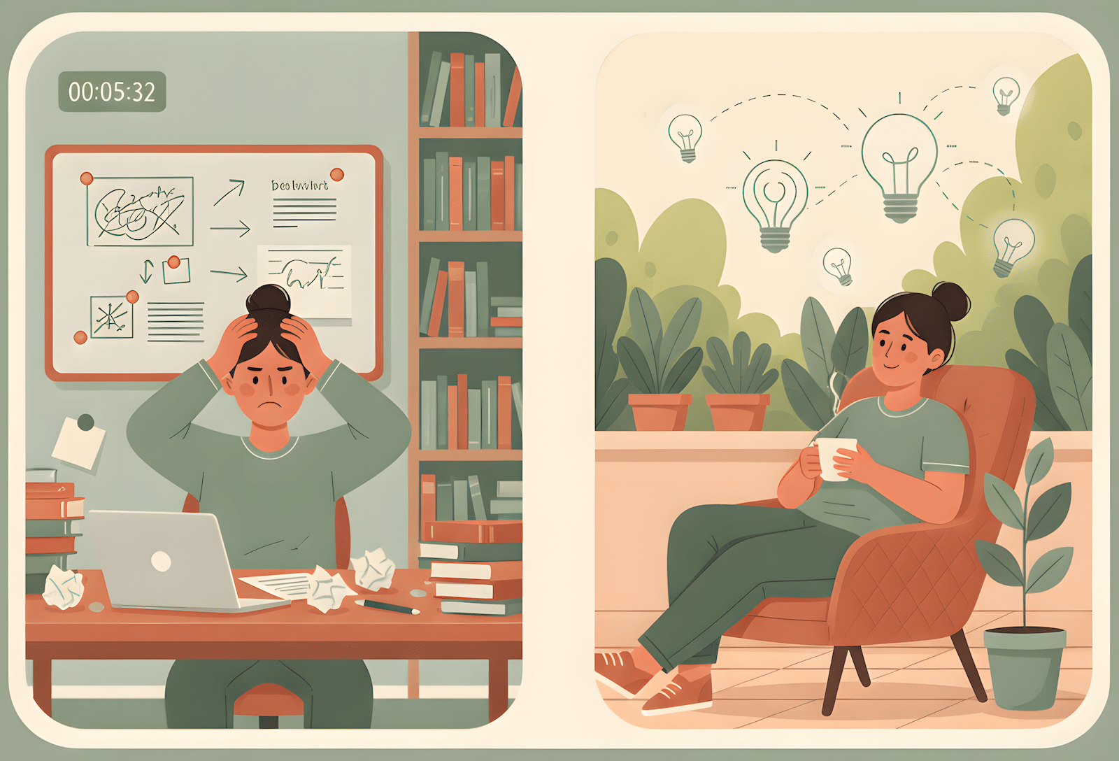 Remote worker experiencing idea incubation - frustrated at desk during brainstorming versus relaxed breakthrough moment during coffee break in garden