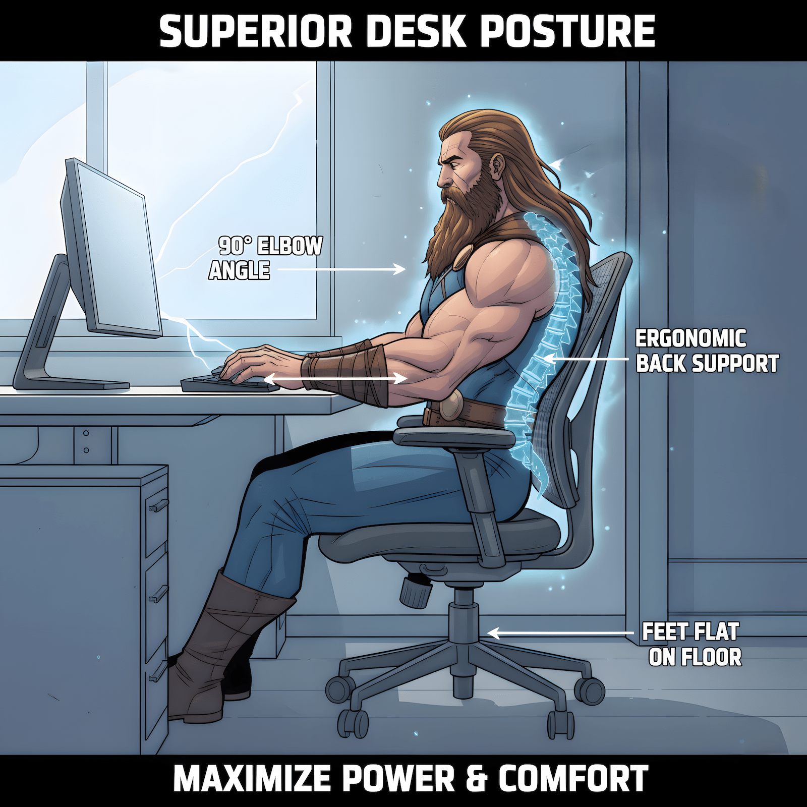 Proper desk and chair height alignment showing neutral 90-degree elbow angle for ergonomic typing position