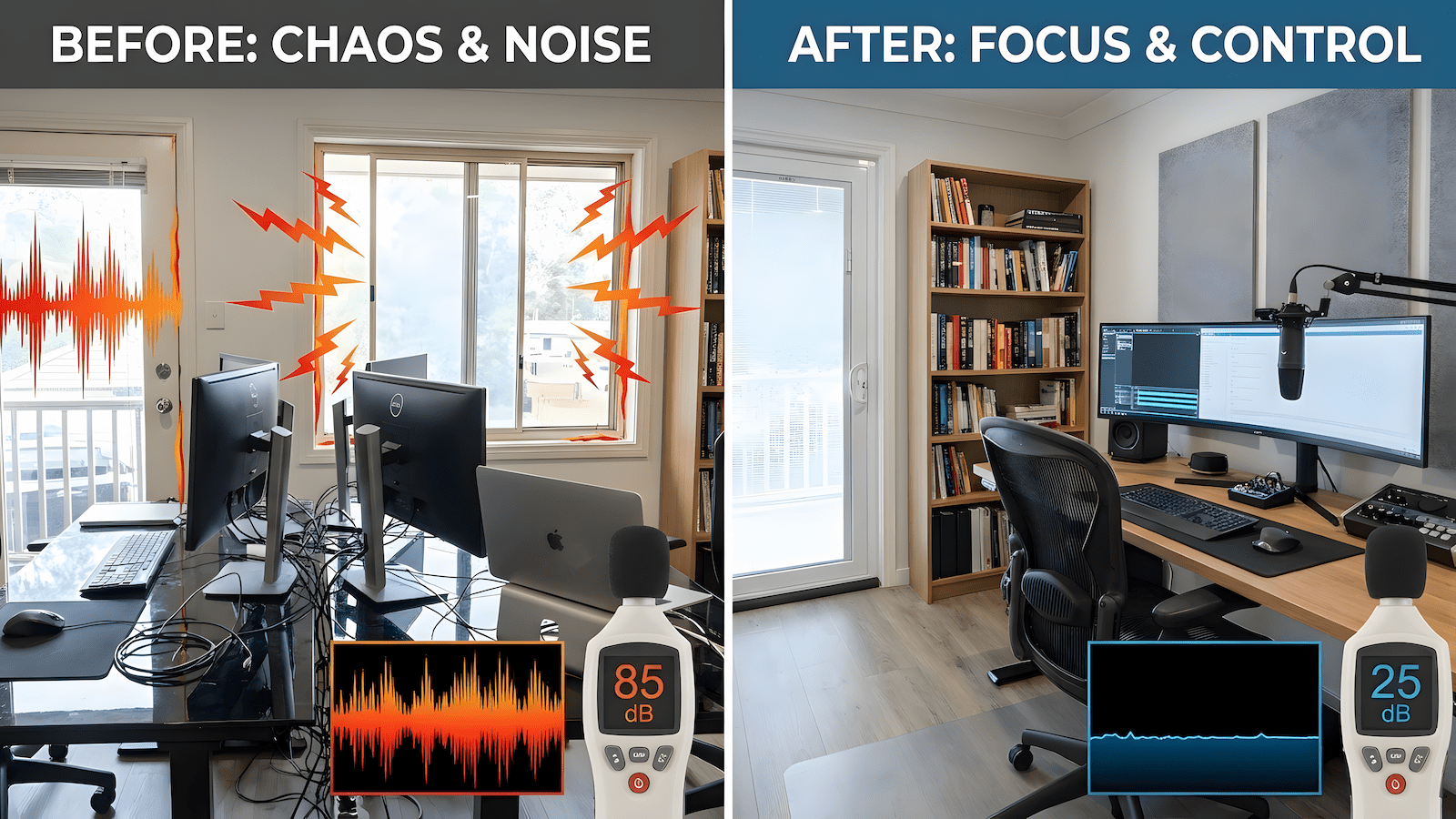 Home office noise floor comparison showing unsealed window with sound leaks versus optimized workspace with sealed window, door sweep, bookshelves, and felt panels for reduced ambient noise and improved remote work focus