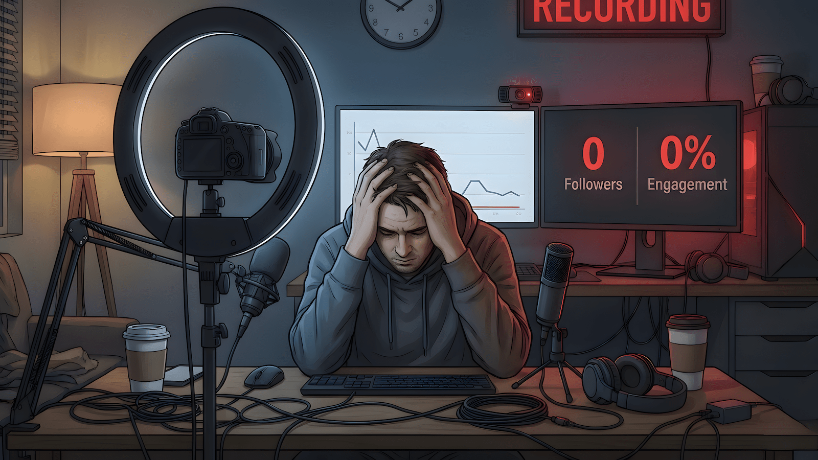 Content creator burnout from YouTube and social media without follower growth