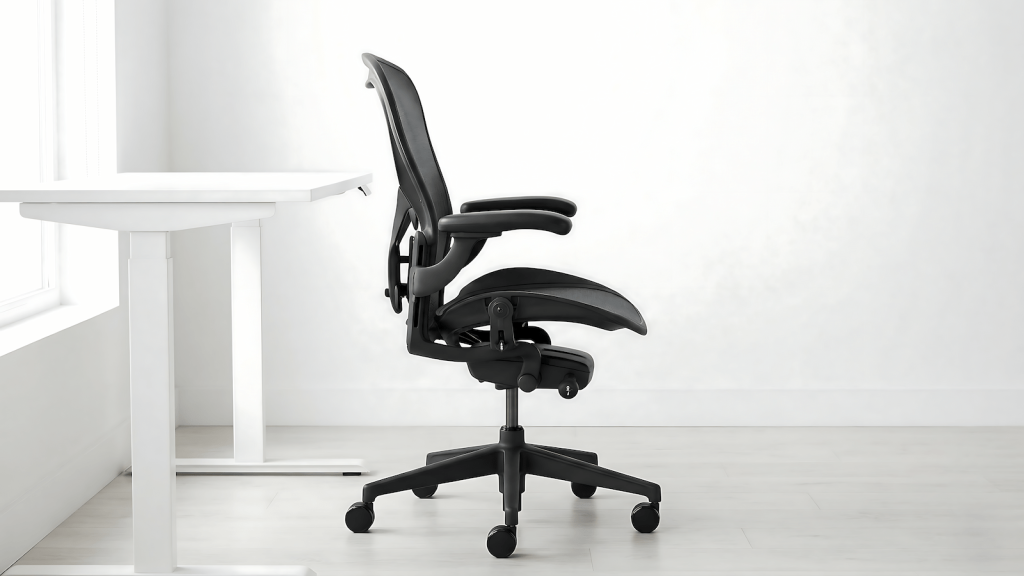 A modern mesh-back ergonomic office chair in a minimal white home office setup