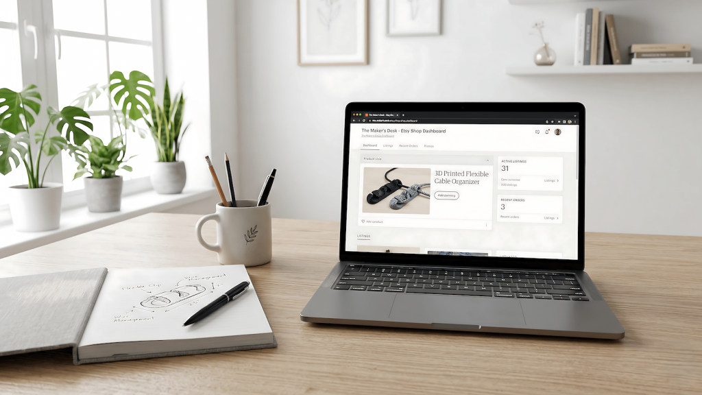 Laptop showing an online shop listing for 3D printed products with no printer in the scene