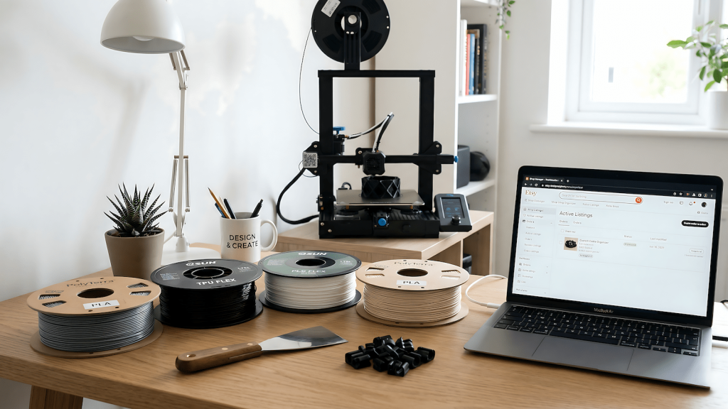 Home office 3D printer setup with filament spools and Etsy shop on laptop screen