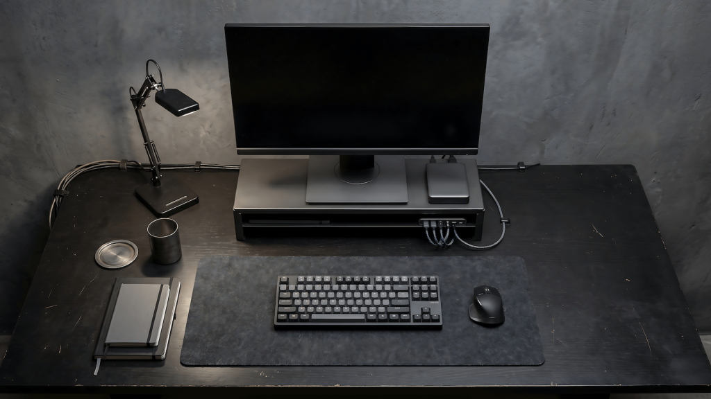 Functional home office desk setup with desk pad, monitor stand, and lamp on a dark surface