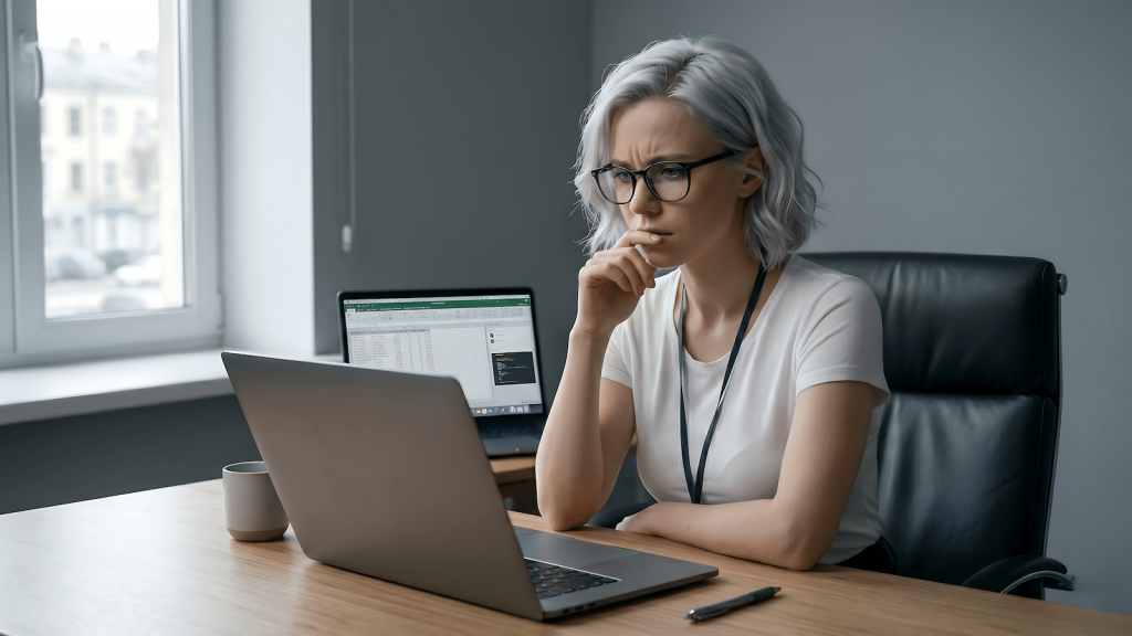 Remote worker at desk considering AI's impact on their job security, minimal home office, cinematic lighting