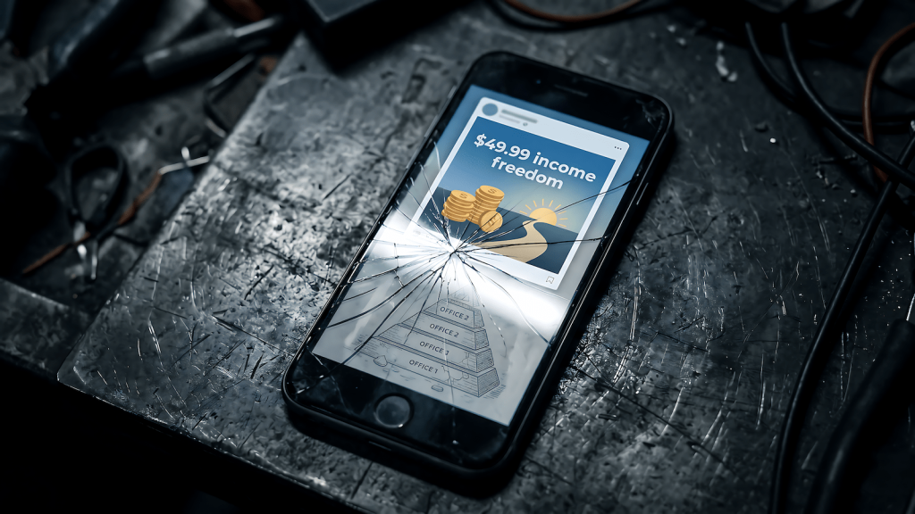Cracked phone screen showing a passive income course post with an MLM pyramid visible underneath