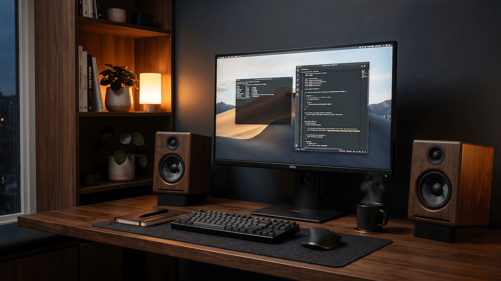 Home office audio setup with powered bookshelf speakers on a clean desk