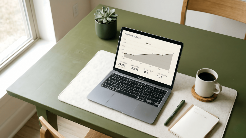 Desk with laptop showing search traffic analytics representing making money online without followers