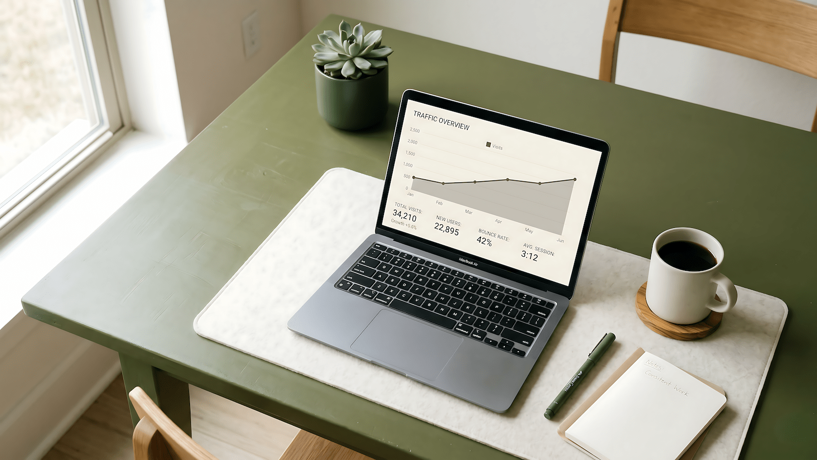 Desk with laptop showing search traffic analytics representing making money online without followers