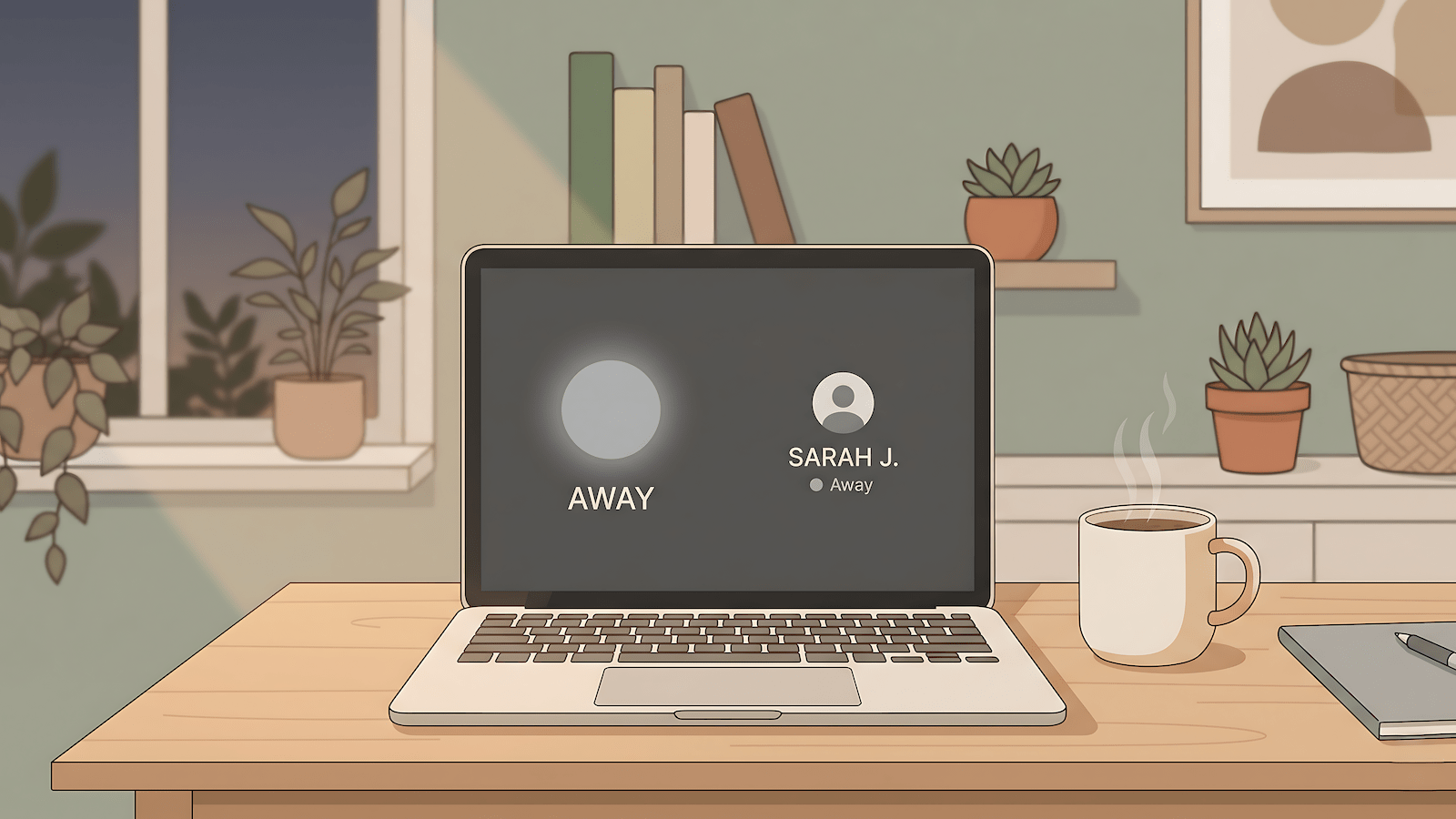 Chat status indicator showing Away status on a remote work laptop setup