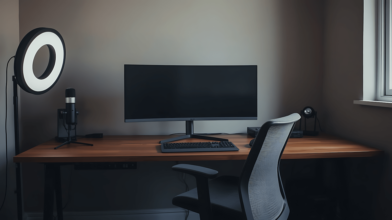 A functional home office setup for remote work with ergonomic chair, monitors, and clean desk surface