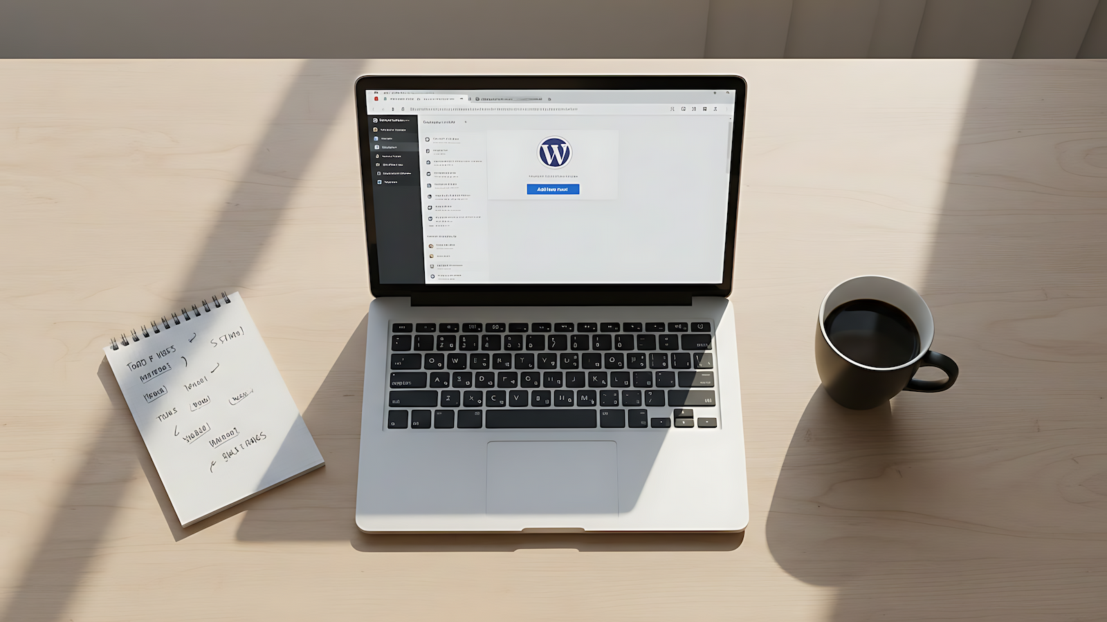 Laptop showing WordPress dashboard on a minimal desk representing solo content creator tools for a multi-site operation