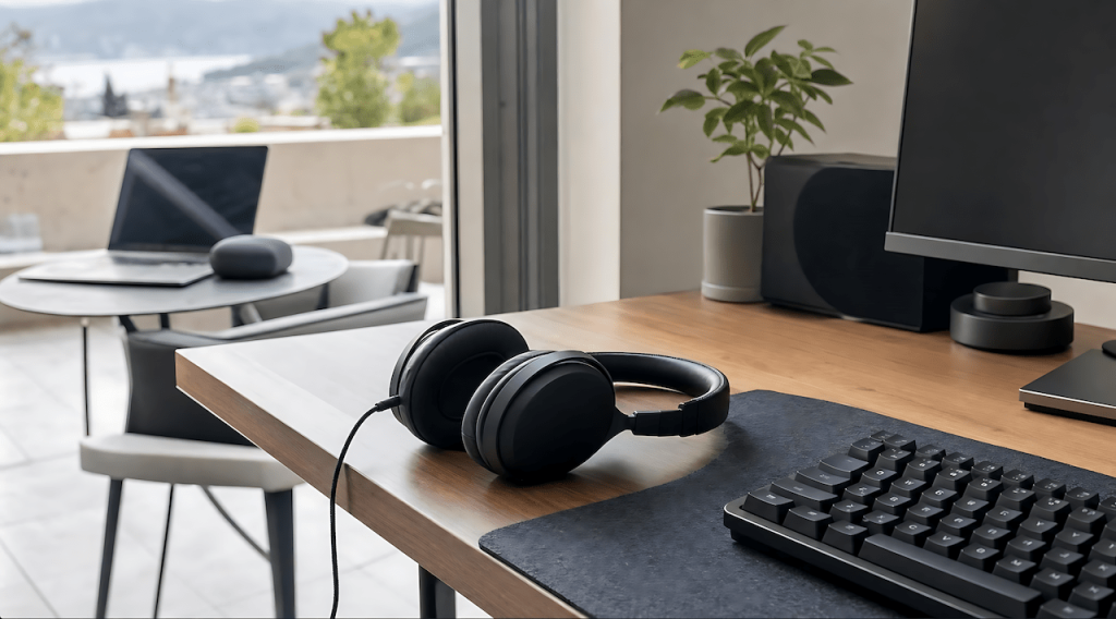 Wired headset at a desktop workstation next to a wireless headset for terrace and outdoor work