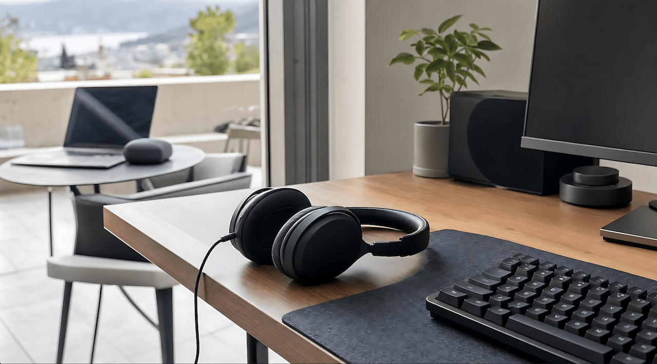Wired headset at a desktop workstation next to a wireless headset for terrace and outdoor work