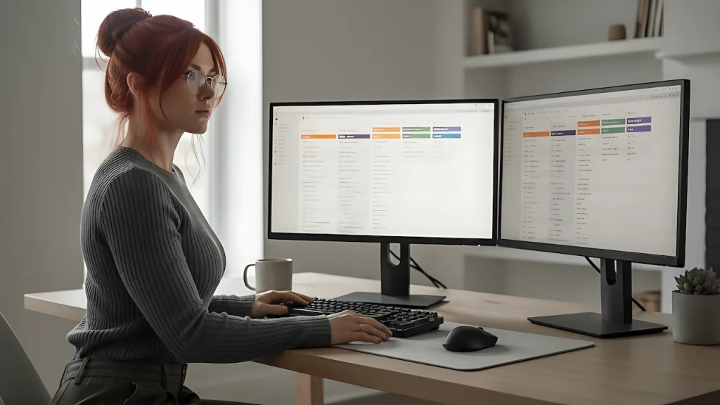 Remote worker reviewing a project management board on a home office monitor, illustrating remote team management decisions