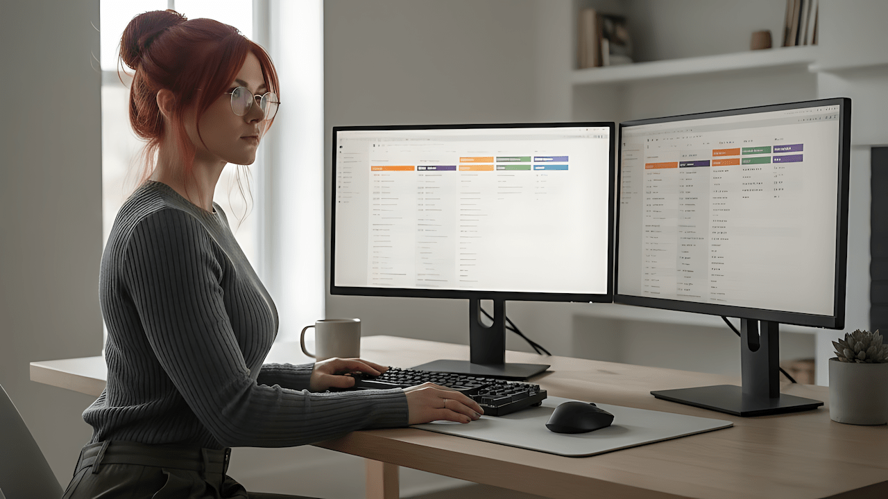 Remote worker reviewing a project management board on a home office monitor, illustrating remote team management decisions