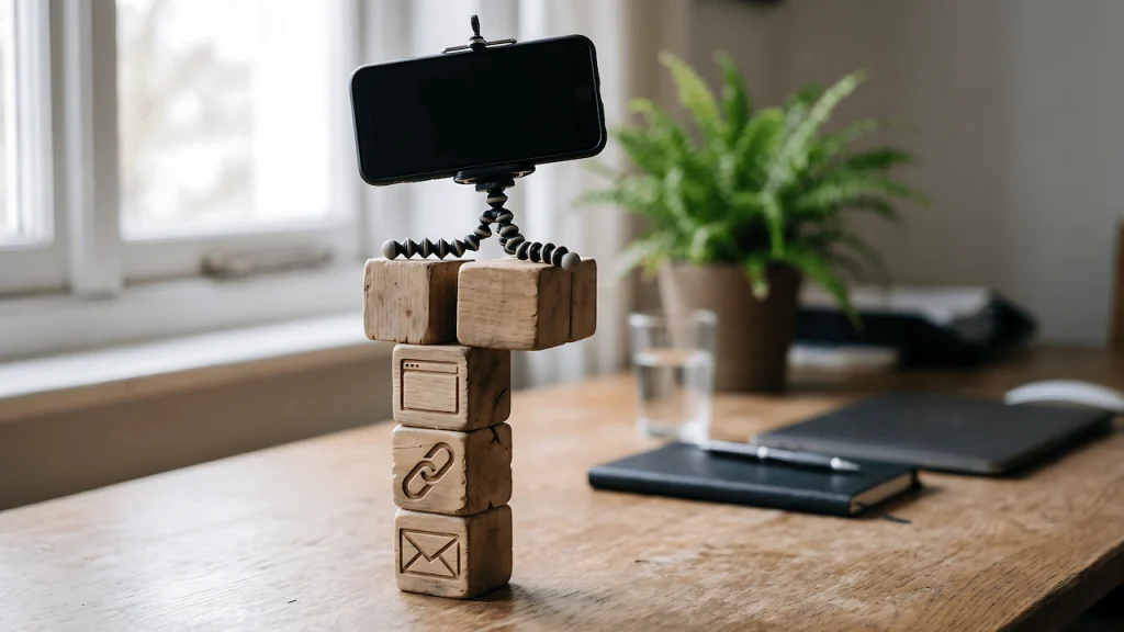 Stacked blocks on a home office desk with a tripod phone balanced on top, showing how to make money online with multiple streams