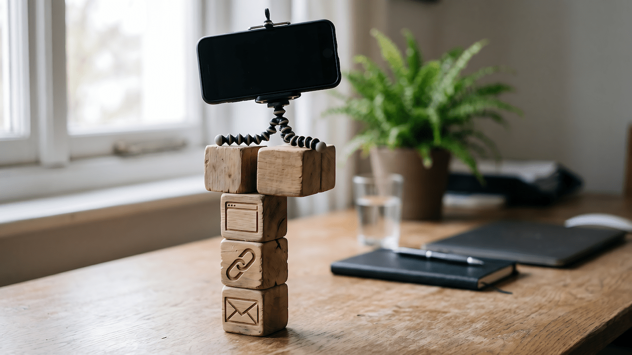 Stacked blocks on a home office desk with a tripod phone balanced on top, showing how to make money online with multiple streams