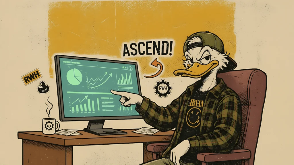 Illustrated duck mascot reviewing an affiliate commission dashboard chart