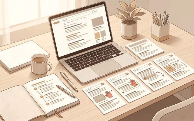 Printed search result cards laid out on a desk next to a laptop and an outline notebook, with notes marking what each result leaves out