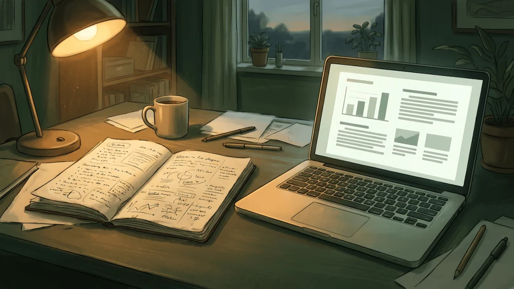 Laptop with a clean generic report next to a handwritten notebook full of annotations on a home office desk
