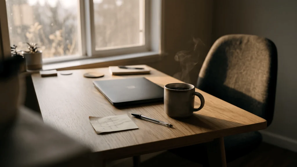 Home office desk with a coffee mug and closed laptop in early morning light before the work day starts