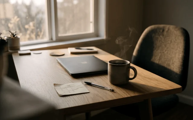Home office desk with a coffee mug and closed laptop in early morning light before the work day starts