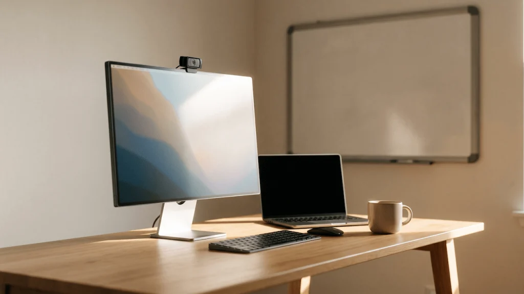 Webcam clipped to a monitor on a home office desk with a whiteboard in the background